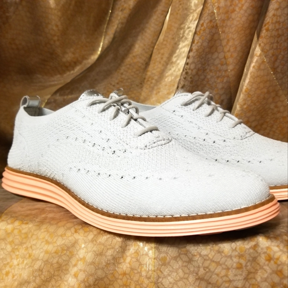 Cole Haan Light Gray Knit Wingtip Sneakers with Peach Sole